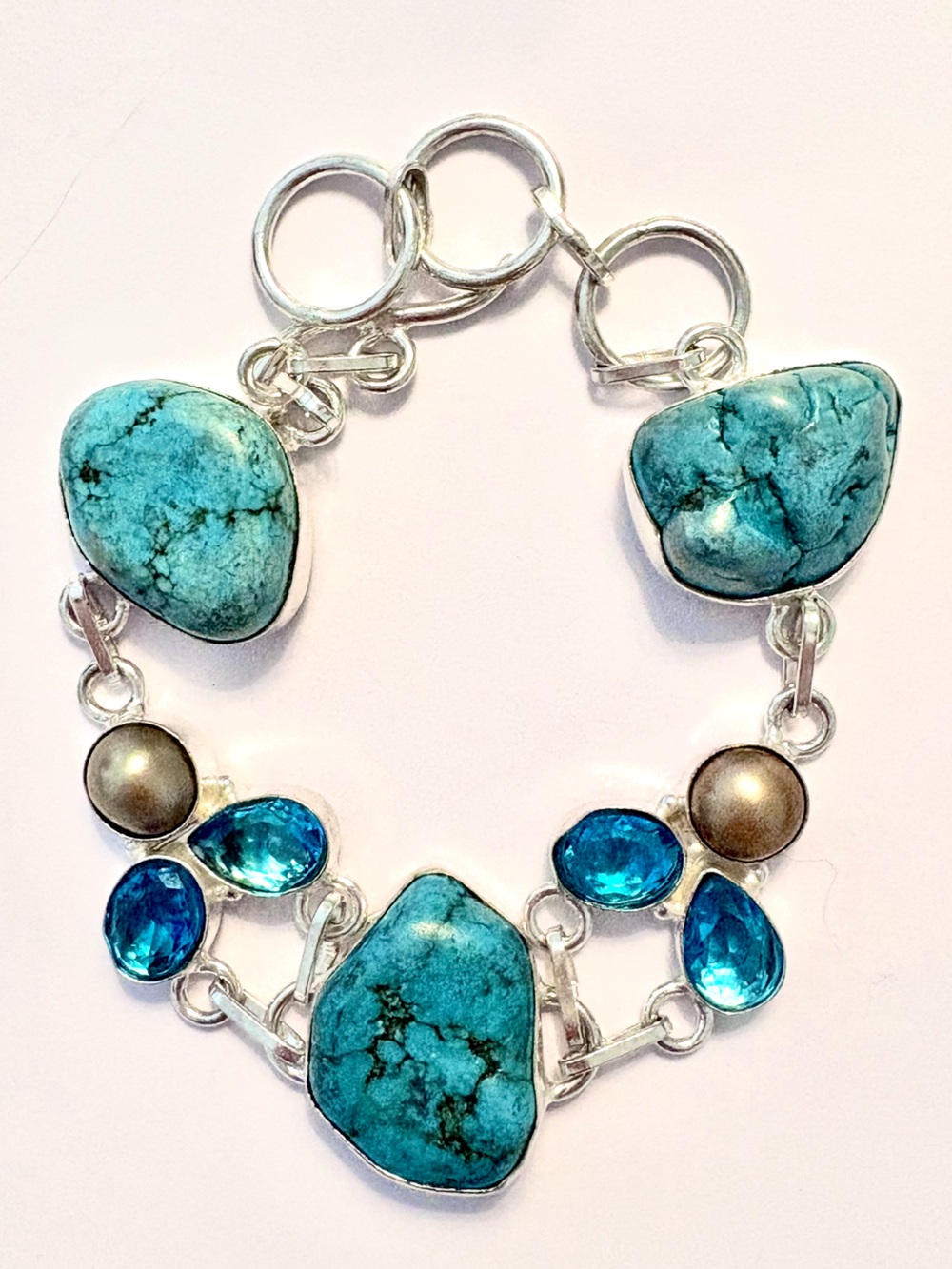 Stunning , 925 marked, Turquoise, Blue Topaz and Pear bracelet size 7 1/2–8